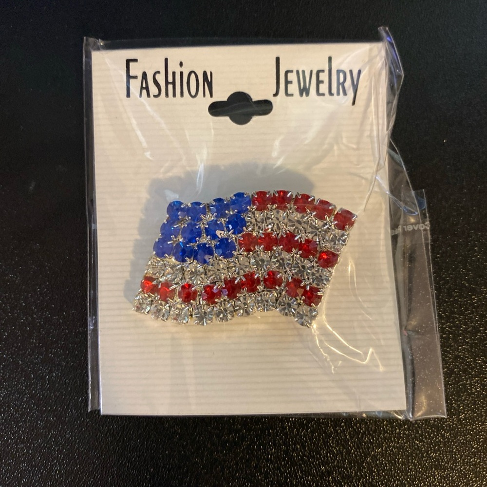 Fashion Jewelry American Flag Brooch - Red, Blue, Silver